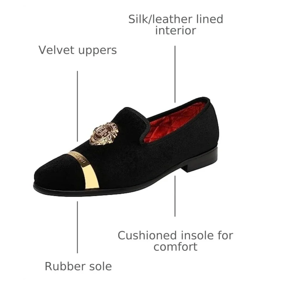 Elanroman Velvet Loafers Men 13 Black Gold Crest Red Bottom Dress Shoes 470